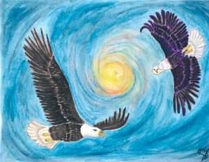 Eagles flying near the sun