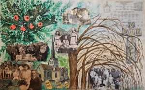 Mixed Media Painting of Yew tree, church and ancestory lines